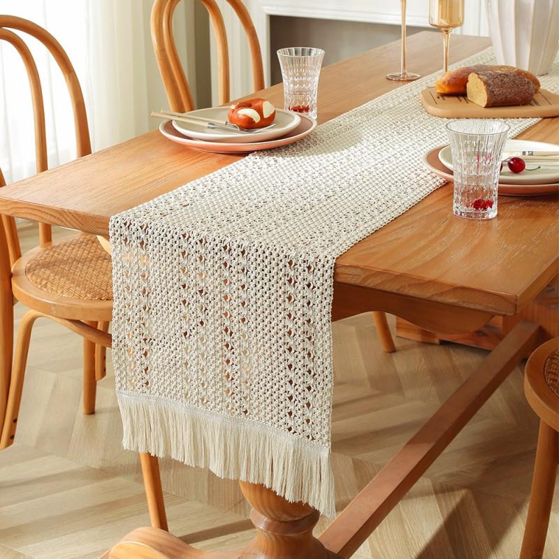 Cotton Linen Table Runner With Striped Patchwork Design Tassel Trim Modern Minimalist Long Cover Dining Room