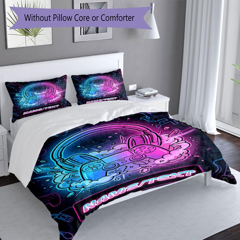 3PC Custom Name Gamer Neon Vibes Bedding Set Printed Bedding Set Duvet Cover Closure Includes 1 Duvet Cover & 52 Pillowcases for Bedroom