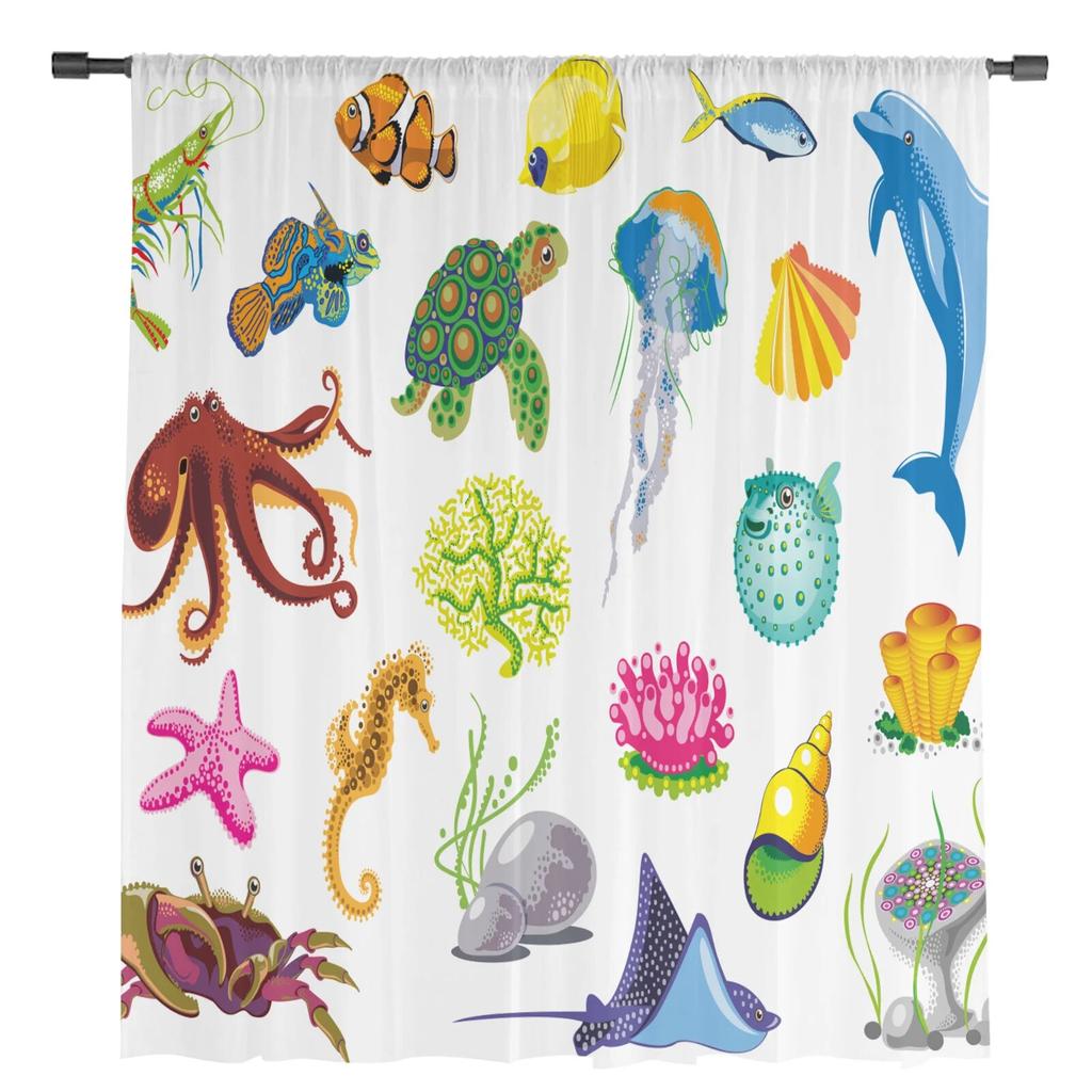Cartoon Marine Life Animal Tulle Curtains for Living Room Drapes Window Sheer Modern Curtains for Bedroom Decor