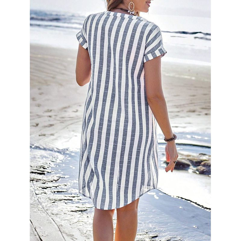 Western Style New Fashion Casual Loose Stripe Short Sleeve Dress Single Breasted Short Dress Striped Dress