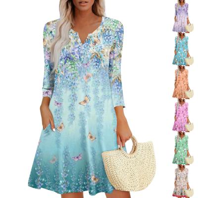 Women's Summer Dress Loose V Neck Three-quarter Sleeve Sundress With Pockets Dress