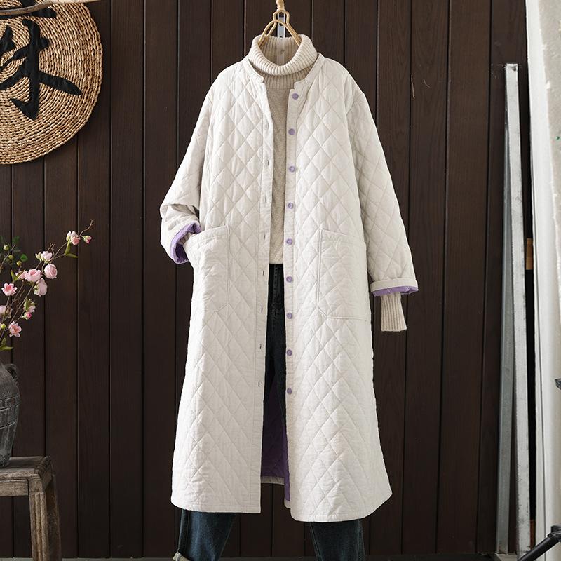 Autumn Winter Quilted Cotton Jacket Long Sleeve Loose Fit Casual Women's Coat Mid-Length Cotton Outerwear
