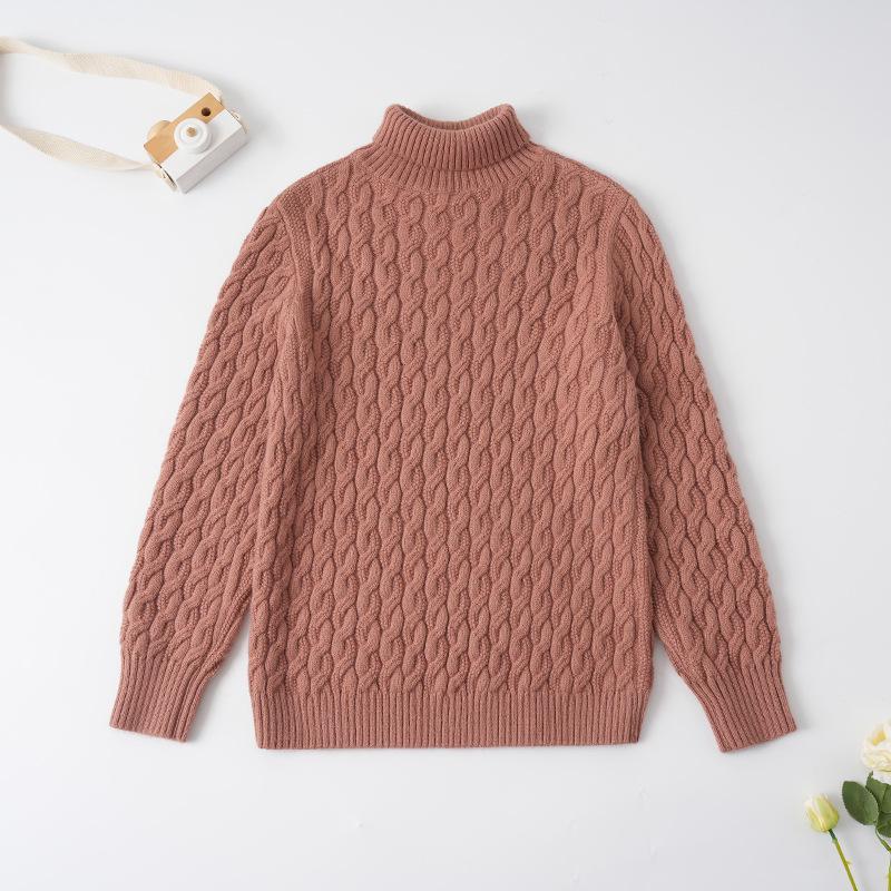 Dětský svetr pletený z jádrové příze v korejském stylu s vysokým límcem - podzimní/zimní pulovr pro střední a velké děti