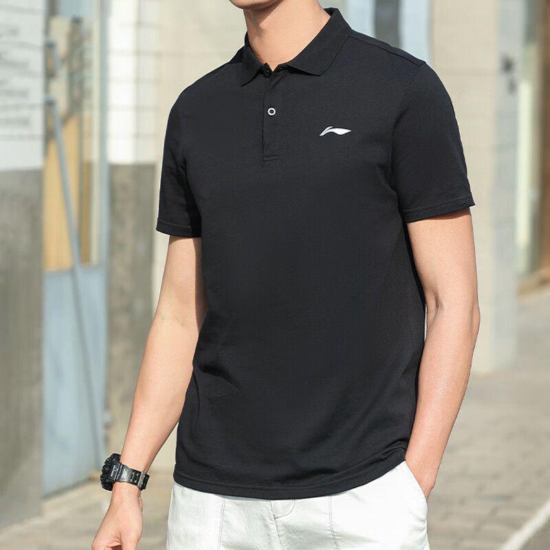 Li-Ning Fitness Series Solid Color Logo Print Casual Short Sleeve Polo Shirt Men Polo Shirts Black APLT321-2