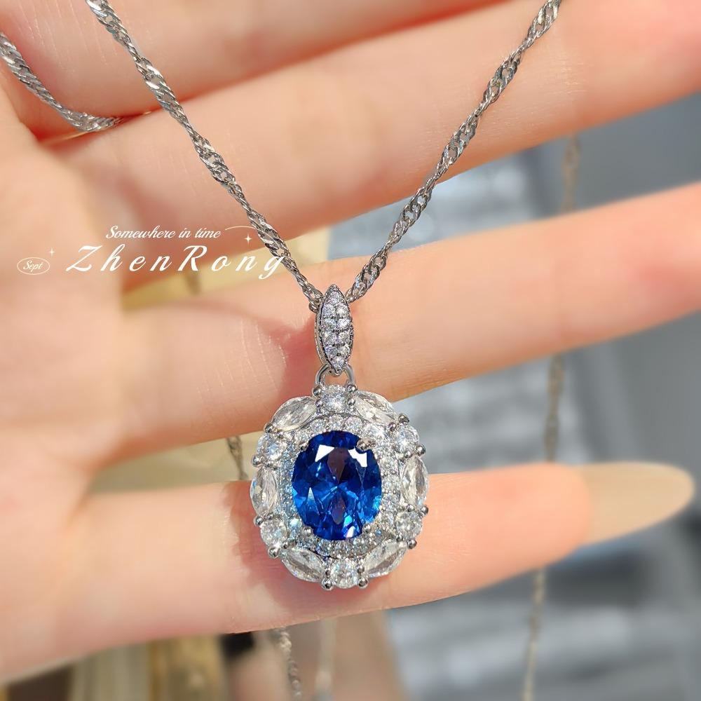 Women Jewelry Set Fashionable Light Luxury Blue Spinel Gemstone Pendant Open Ring Simple Daily Stud Earrings