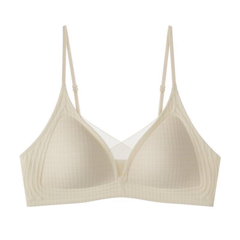 French Triangle Cup Seamless Steel Rim Underwear Women's Beauty Back Mesh Semi-fixed Light and Breathable Comfortable Bra Cover