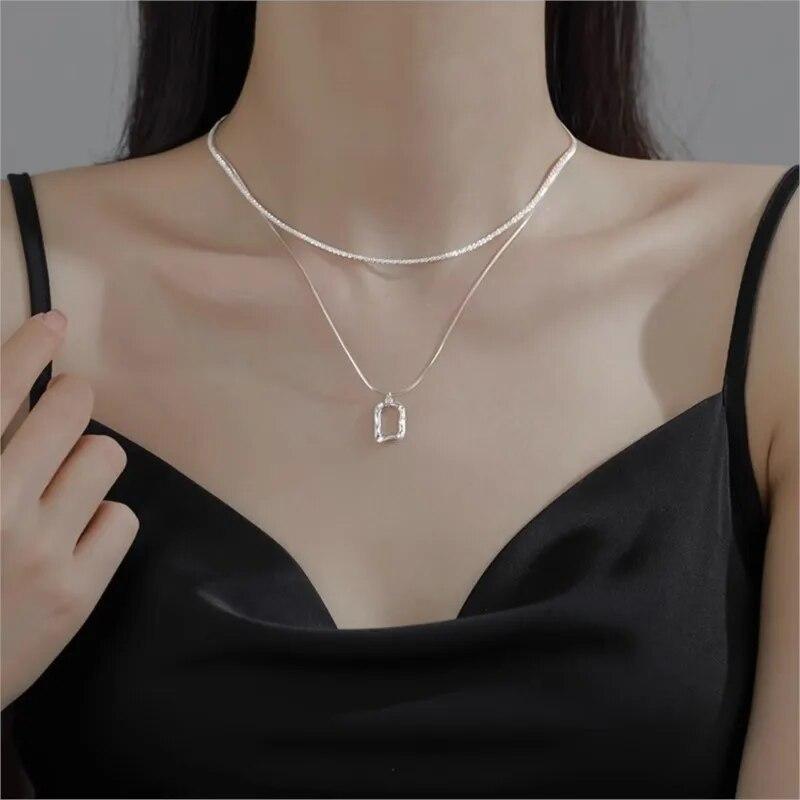 ANENJERY Square Double Layer Lava Picture Frame Stacked Necklace for Women Delicate Clavicle Chain Engagement Jewelry Gifts