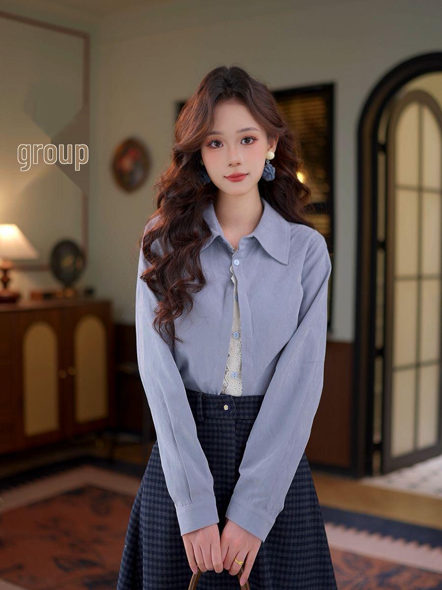 Zhi Ying [Xiuxiu] 2025 Retro Hong Kong Style Long Sleeve Loose Shirt #N14550 Large