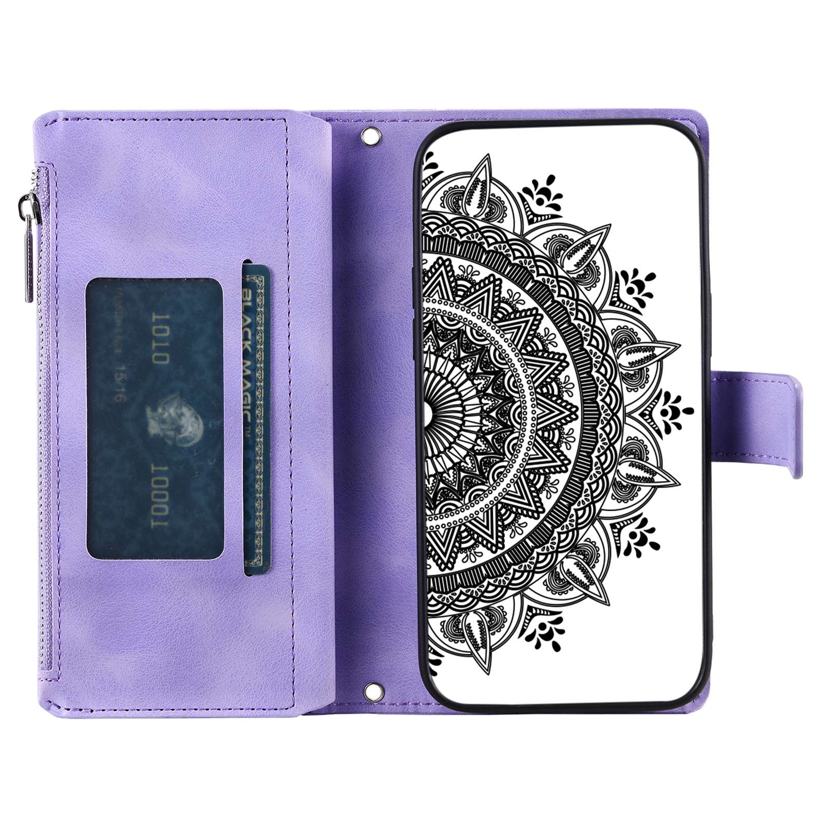 

For Xiaomi Redmi Note 10 4G/Note 10S 4G/Poco M5s 4G Phone Case Mandala Flower Imprinted Stand Zipper Pocket Cover Multiple Card Slots Wallet Purple