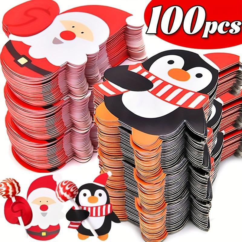 New 200-50PCS Christmas Lollipop Paper Cards Cartoon Santa Claus Penguin Snowman Kids Candy Gift Package Wrapping New Year Party
