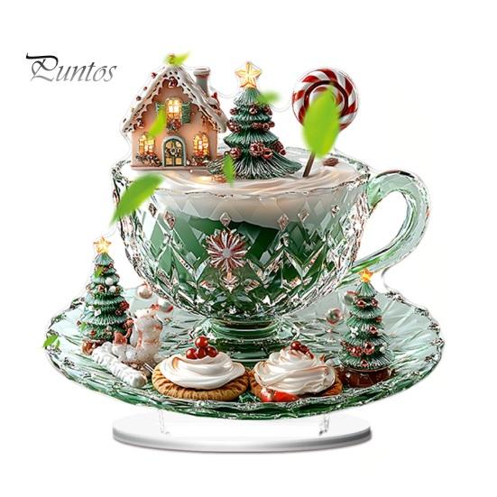 Seasonal Shelf Decorations Cartoon Christmas Coffee Cup House Ornaments, 2D Acrylic Tree Tabletop Cute Holiday Home Accents Decor, Mini Decor for Desk