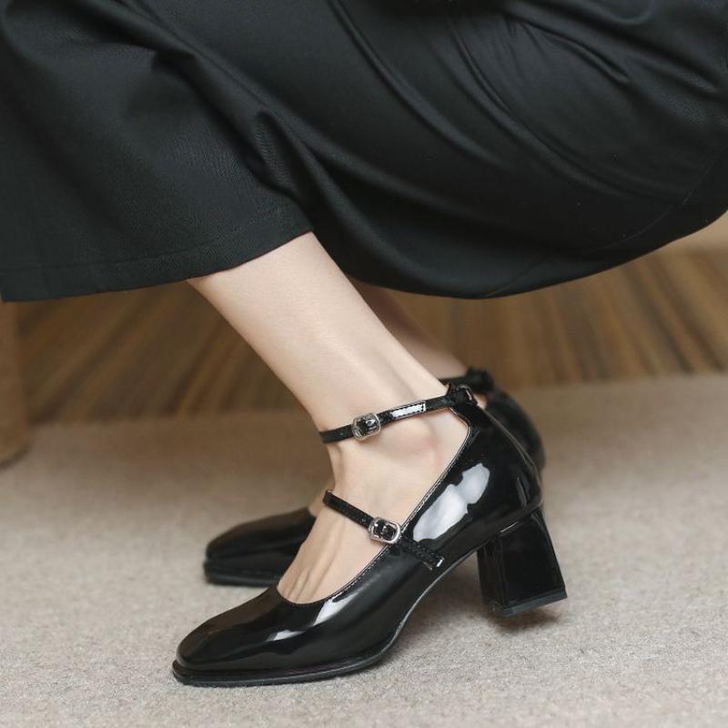 New Women Patent Leather Single Shoes Mary Janes High Quality Pumps Square Casual Coarse Heel Shoe Fashion Strap Women Sandalias