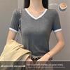 Women's V-Neck Color Block Short Sleeve T-Shirt, 2025 Spring/Summer, Slim Fit, Straight Shoulder, Low Neckline, Trendy Niche Design