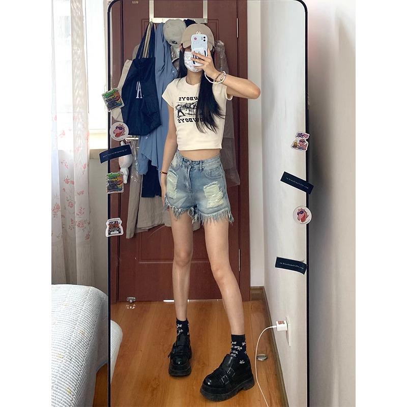 High-Waisted Ripped Vintage Wash A-Line Shorts for Women - Summer 2025 Collection