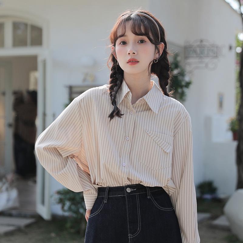

2026 Spring Hong Kong Style Striped Shirt: Chic, Age-Reducing, Simple Design with Pocket Large хаки