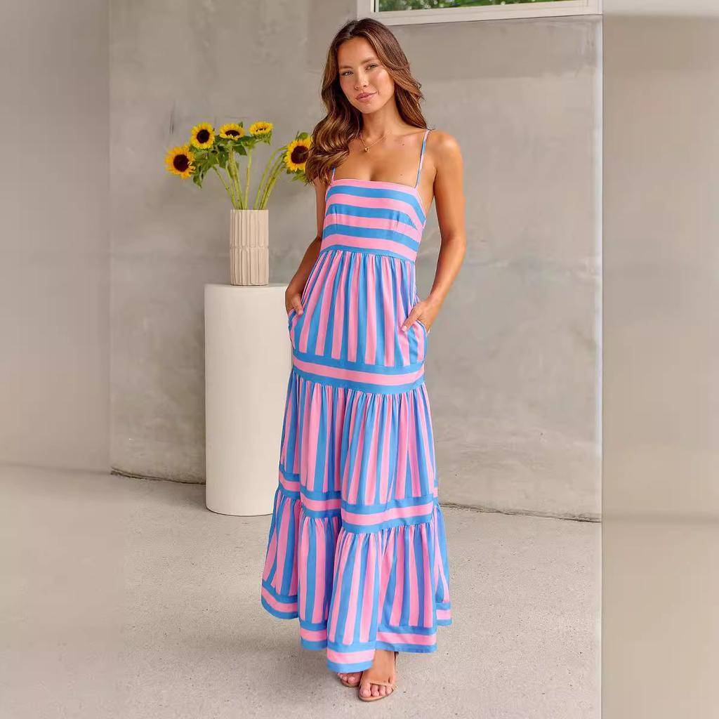 GMXIA Women's Striped Positioning Print Halter Halter Pocket Dress for Women