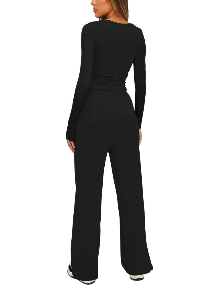 Solid Color Casual Long Sleeve Set Top High Waisted Wide Leg Pants Sportswear