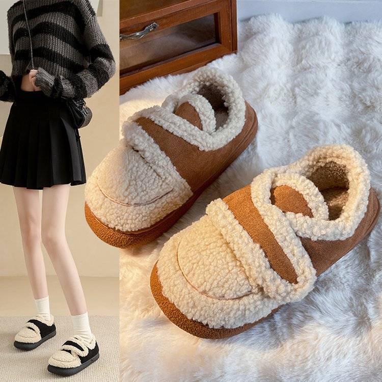 Cotton slippers winter plush warm and non-slip winter shoe bag heel wear women's thick-soled home flat-soled loafers