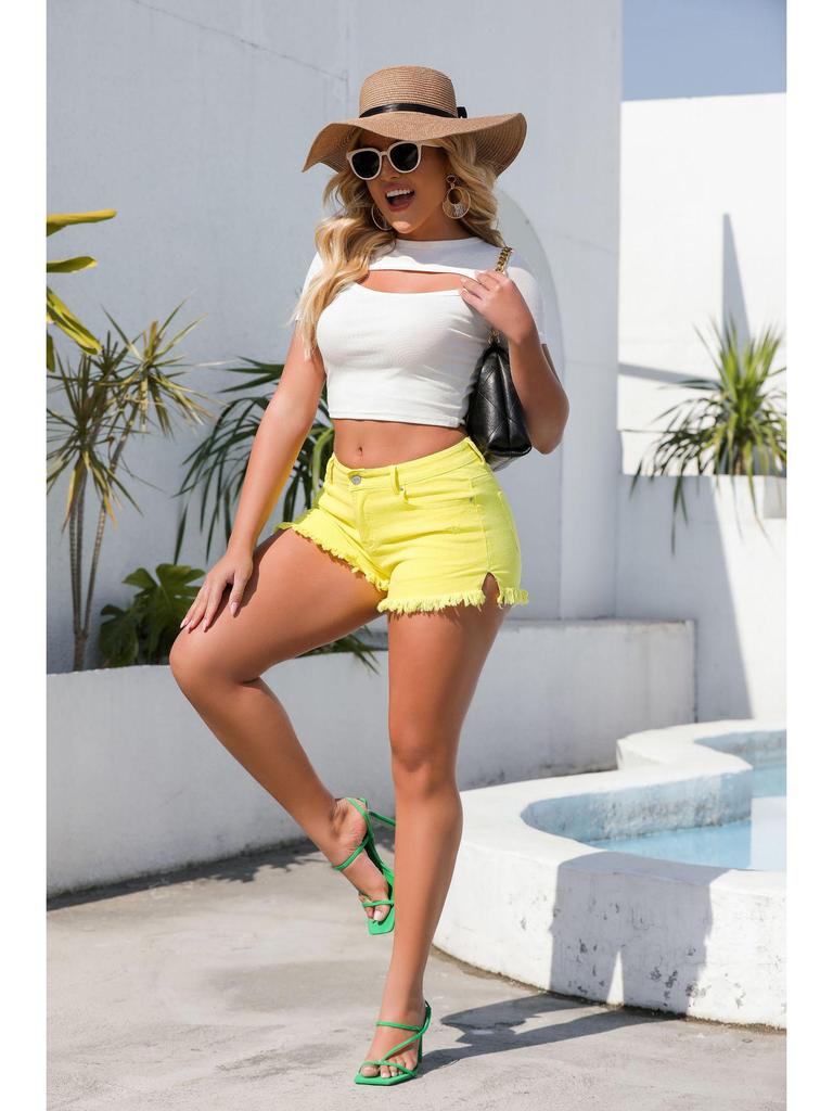 Colorful Ripped Fringe Hem Shorts In Stock