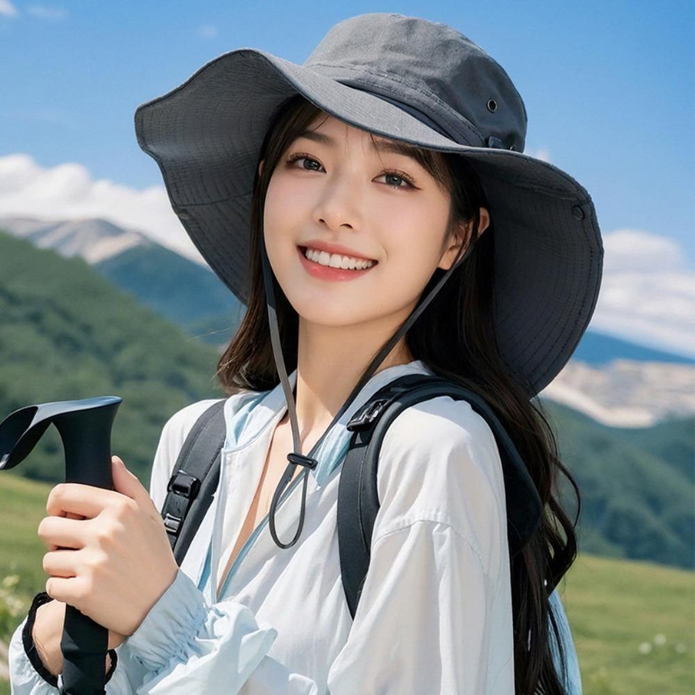 UV Protection Drawstring Sun Hat Big Brim Men Bucket Cap Hiking Fisherman Hat Mountaineering