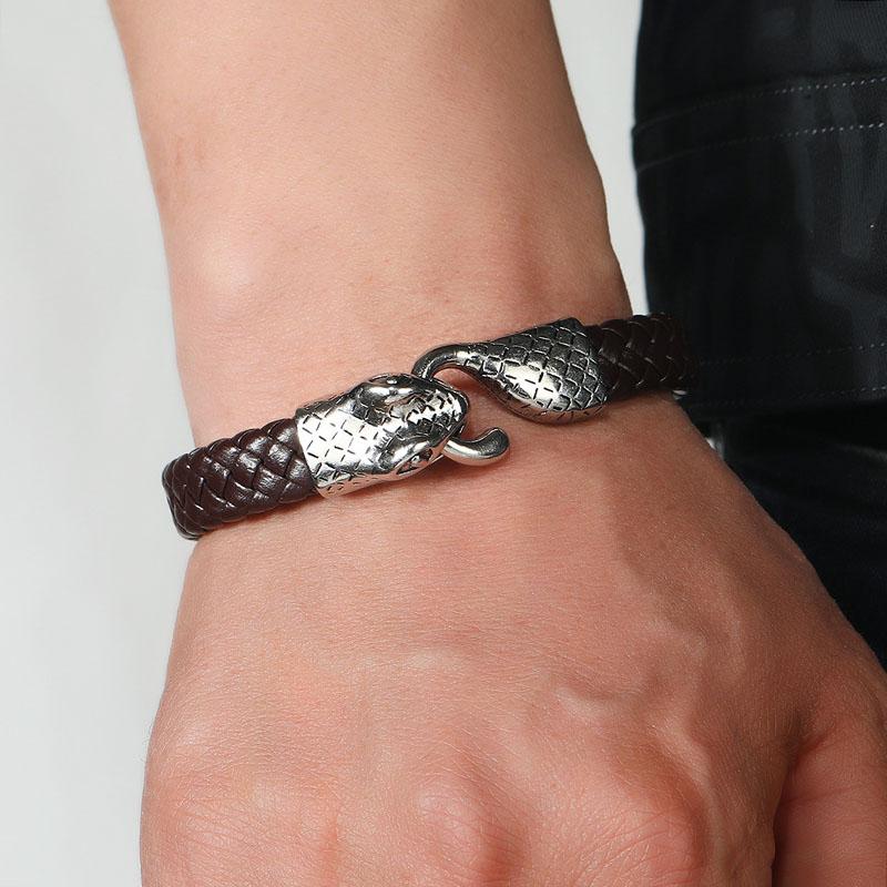 Punk Gothic Snake Clasp Design Cuff Bracelets New Trending Men's Snake Head Leather Bracelet Wristband for Bold Trendsetters