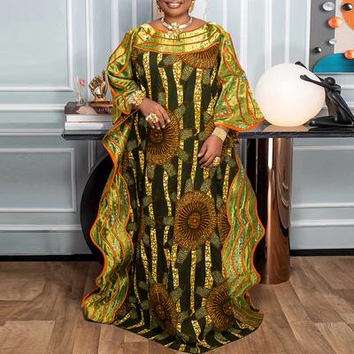 Women's Plus Size Round Neck Flare Long Sleeve Printed Loose Dress
