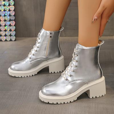 Botas plataforma douradas e prateadas para mulheres 2024 punk com cadarço salto grosso botas de combate femininas com zíper botas curtas grossas mujer