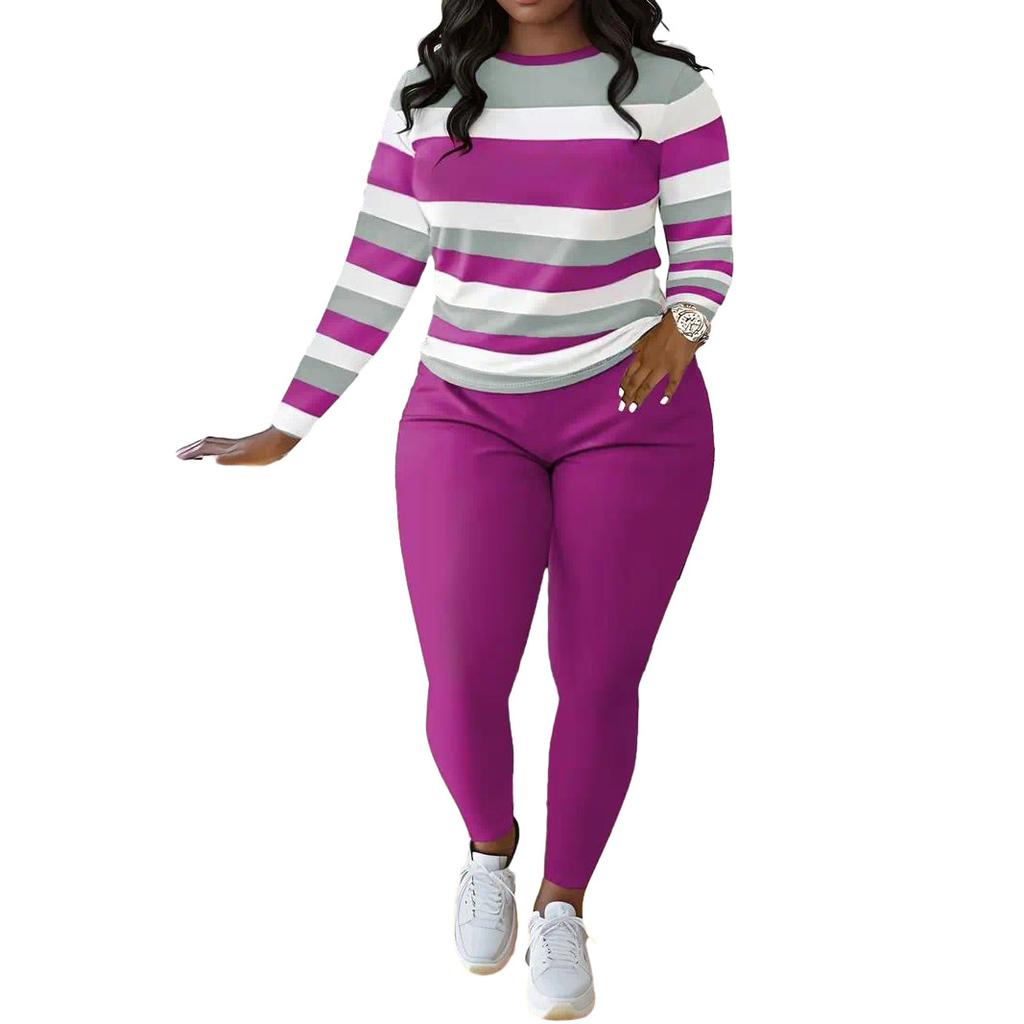 Women Striped Long Sleeve Top and Solid Color Pants Tracksuit Set Casual Two Piece Outfit