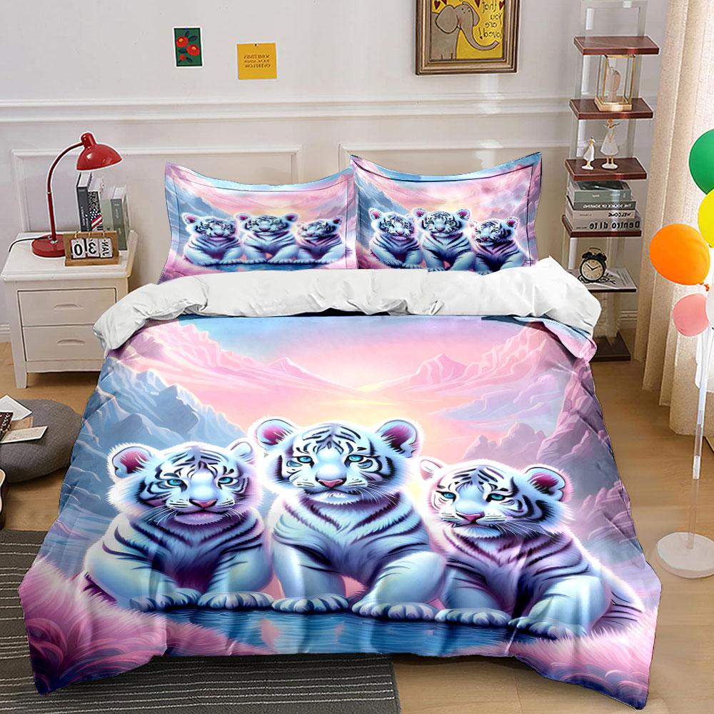 White tiger cubs illustration. Bedding sets Duvet cover sets Duvet covers Pillowcases(1 * Duvet Cover 2 * Pillowcases without duvet insert) 135x200cm
