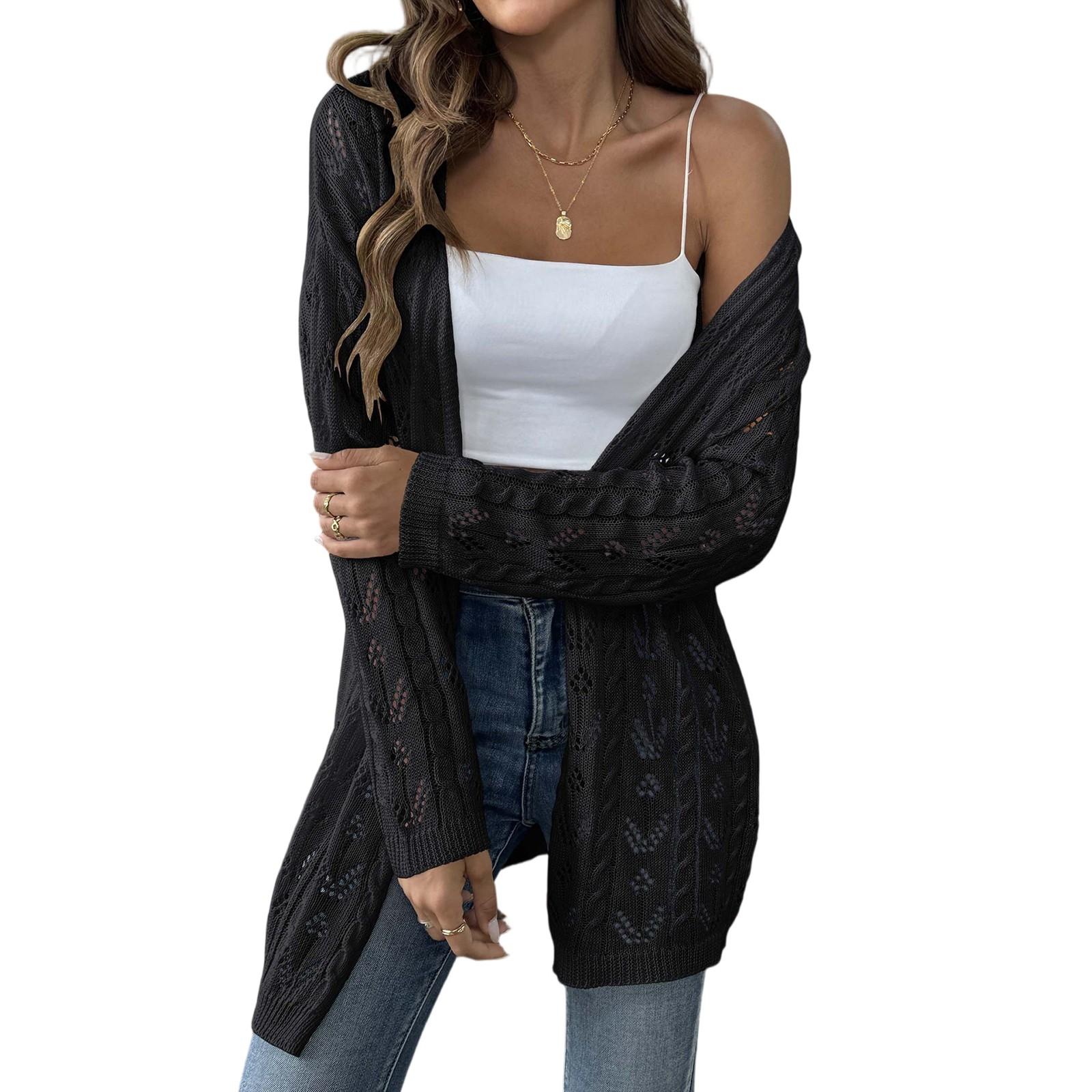 

Women s Long Sleeved Solid Color Medium Length Knitted Cardigan Jacket Sweater Knitted Sweater One Size чёрный