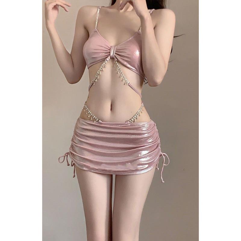 Set Bikini Sexy cu Lanț de Diamante pentru Femei: Costum de baie subțire din trei piese cu sclipici pentru vacanță și izvoare termale