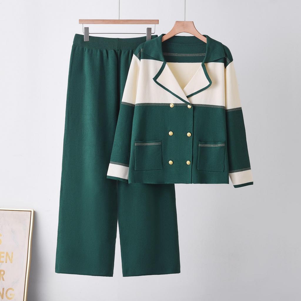 Temperament suit collar suit women's 1116 autumn and winter new double-breasted knitted top wide-leg pants two-piece set