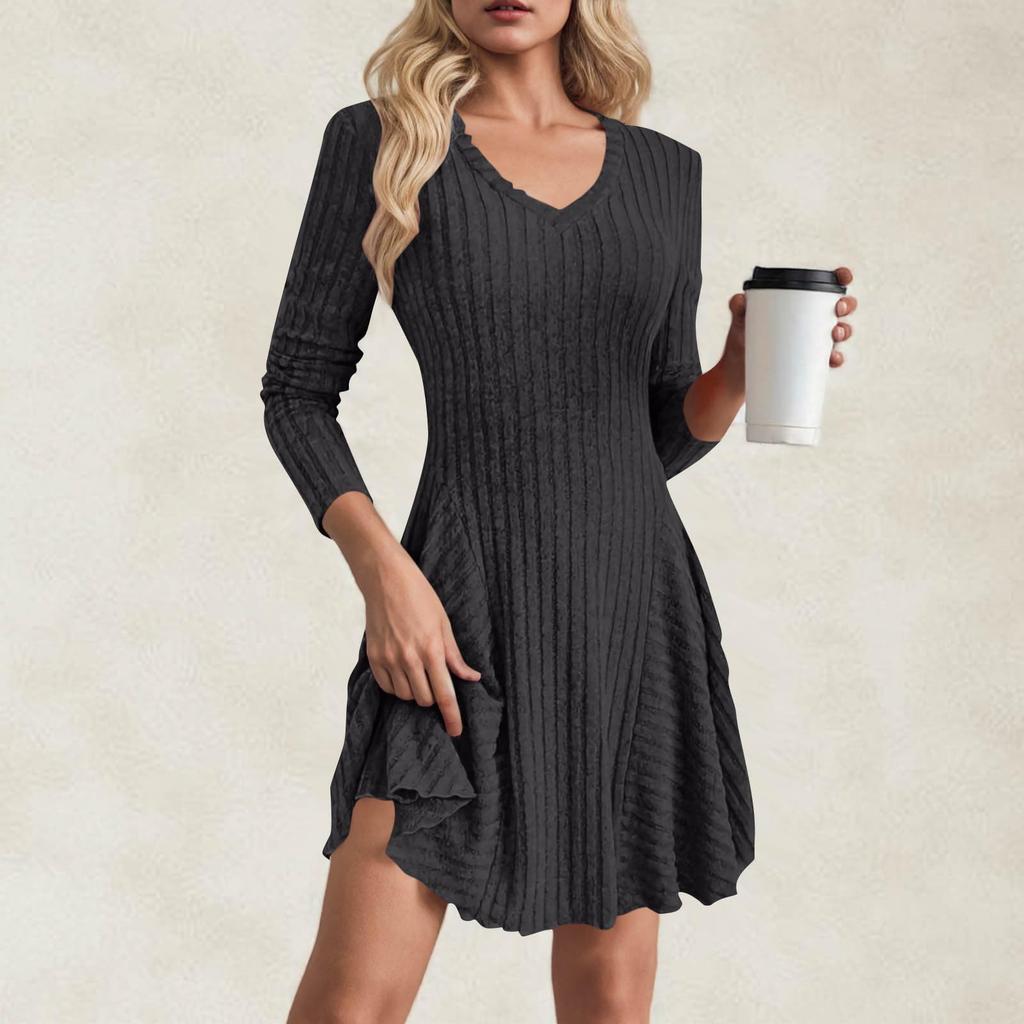 Women's Fashion Casual Solid Color V-neck Long-sleeve A-line Dress