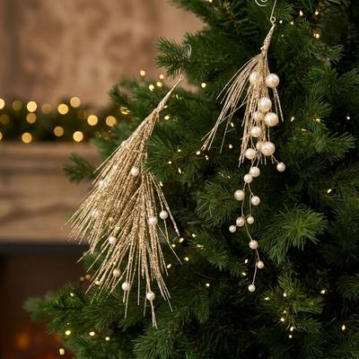 Realistic Glitter Pearl Christmas Decor Sprig Xmas Tree Hanging Ornament Holiday Wreath