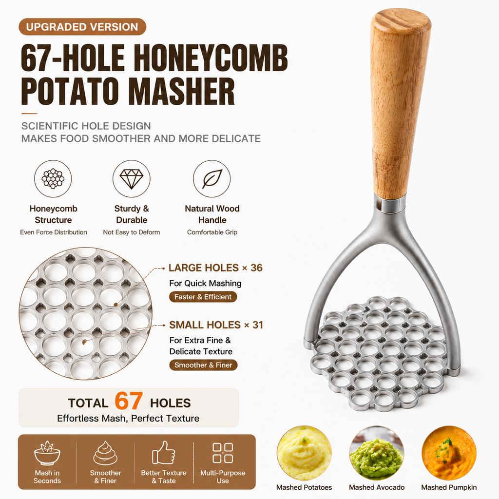 Aluminum Manual Potato Masher, Meat Potato Press Tool, Mixer, Food Cutter, Grinder, Wooden Handle Garlic Pusher, Kitchen Utensil