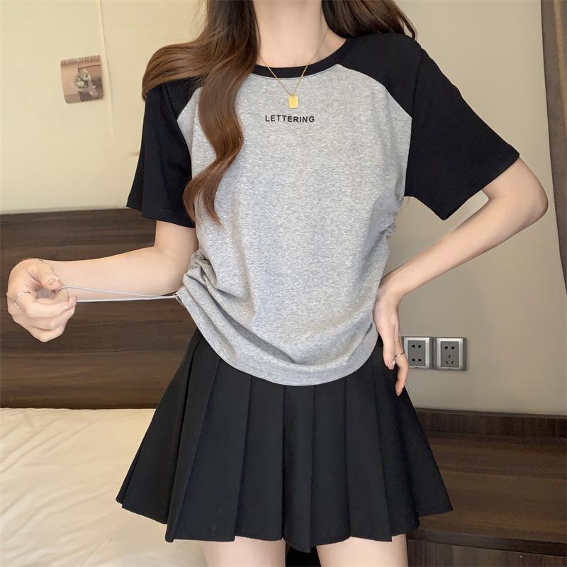 Short Sleeve T-Shirt Women's Summer Print Letter Bottom Skinny Casual Front Shoulder Contrast Drawstring Top Trendy Contrast Raglan-sleeve T-shirt
