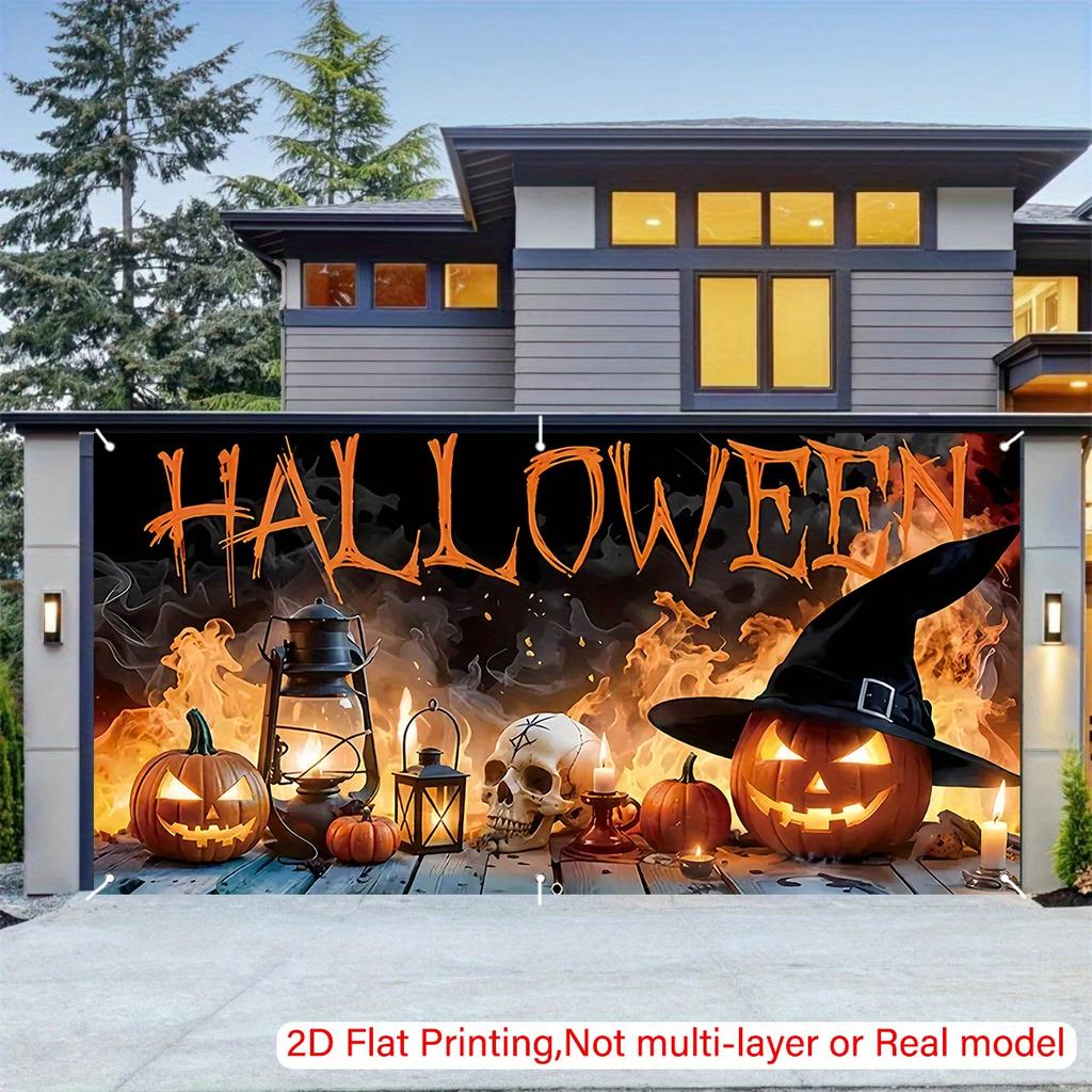 2D Flat Banner Welcome To Halloween - Skull Head Ghost Face Pumpkin - Garage Door Banner Theme ElementsDJH