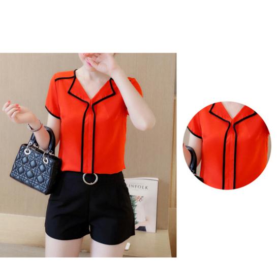 Damen-Bluse mit V-Ausschnitt und kurzen Ärmeln, Farbblock-Rand, Chiffon-T-Shirt-Oberteil