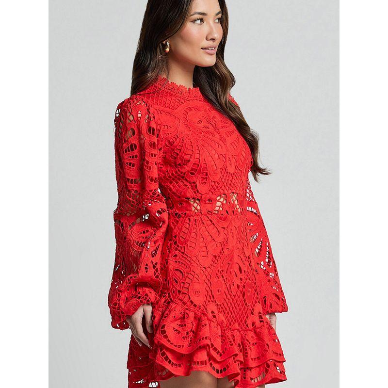 Cross-Border European and American Stand Collar Lantern Long Sleeve Waist Hugging Formal Dress Frill Hollow Water Soluble Lace Jumpsuit Skirt DRESS