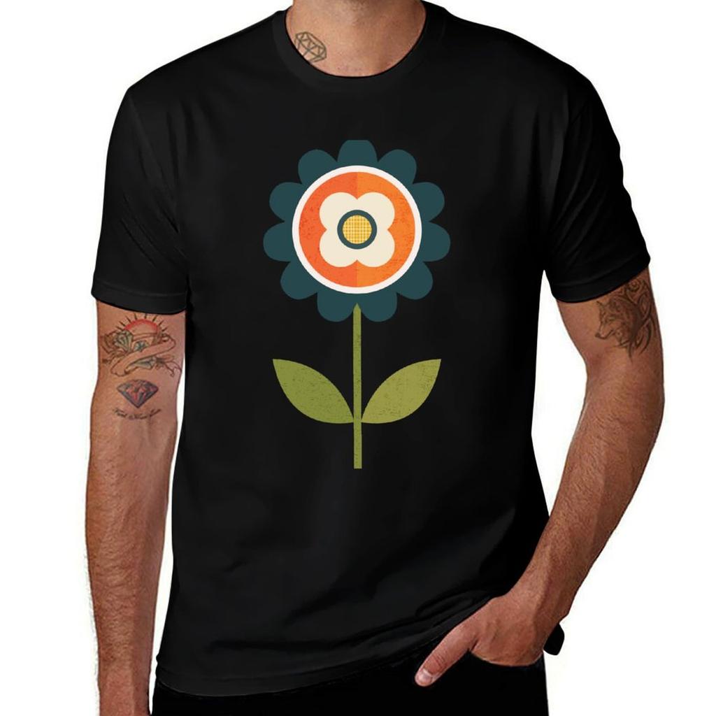 Retro Daisy Orange And Cream Tshirt Breathable Basic Cotton Tshirt