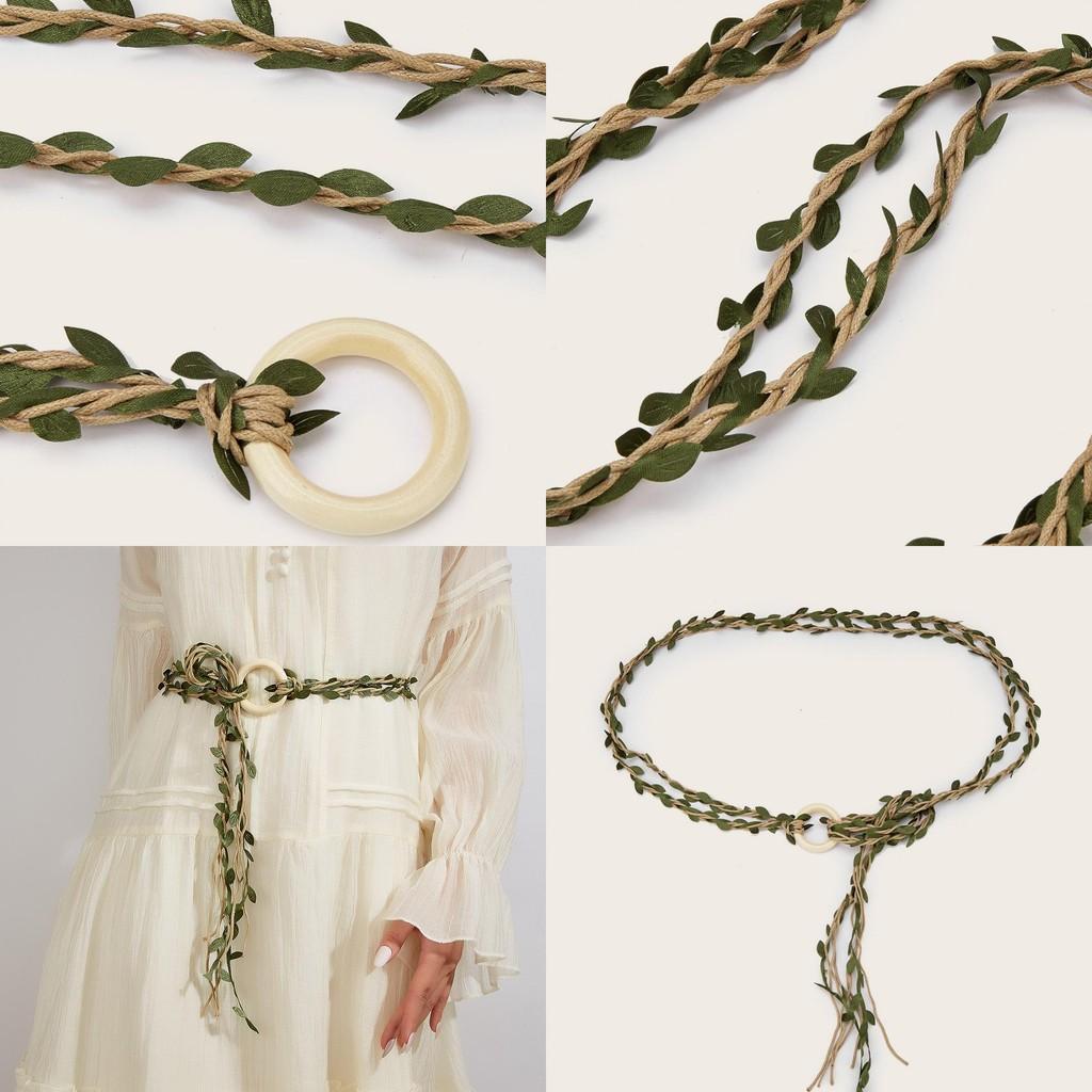 Creative Wooden Circular Buckle Decoration Leaf Branch Design Women Weaving Belt
