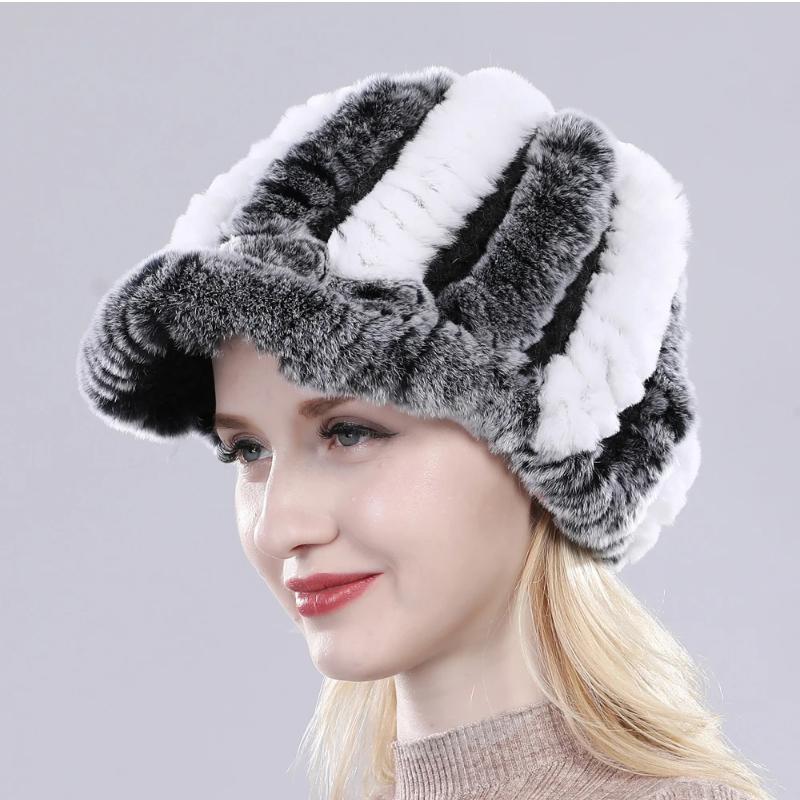 Lady Real Rex Rabbit Fur Hat Winter Knitted Natural Rex Rabbit Fur Caps Russia Women Warm Real Fur Beanies Hats