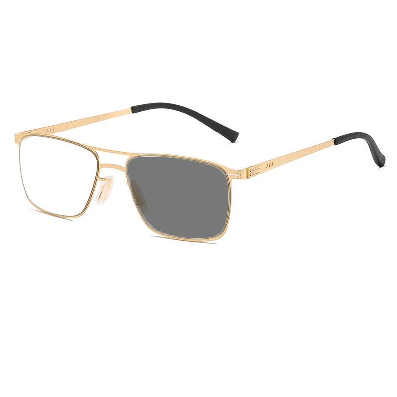 Retro Double Beam Metal Photochromic Reading Glasses Vintage HD Anti Blue Light Ultra Light Men's Business Presbyopia Glasses