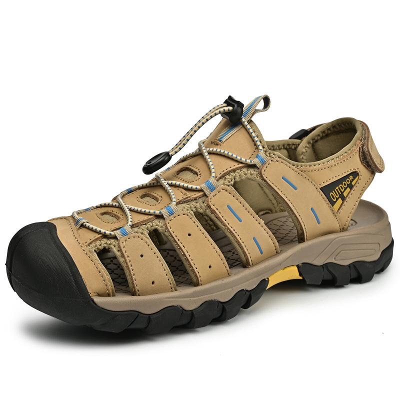 

Comfortable Men s Leather Sandals Outdoor Summer Walking Shoes Non Slip Beach Shoes Sandaly Flip Flops Male Wading Aqua Footwear 38 хаки