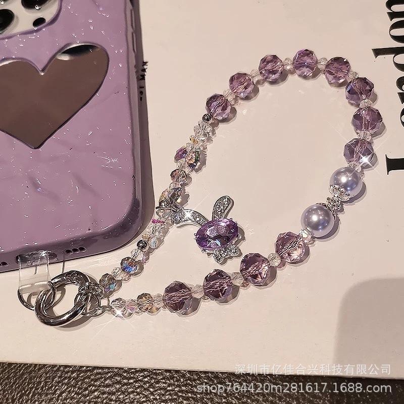 New Crystal Pearl Crystal Lanyard Beaded Mobile Phone Lanyard Wholesale Dream Rabbit Rhinestone Pendant