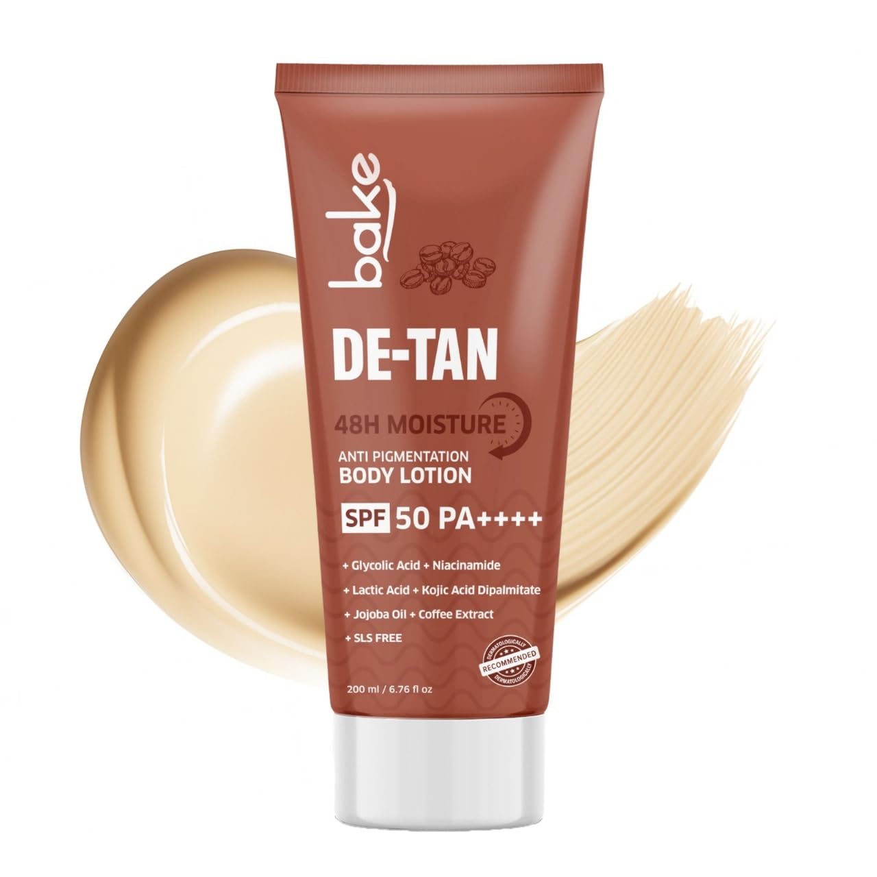 BAKE De-Tan Coffee Body Lotion (200ml) 48 Hour Moisturization with Kojic Acid, Lactic Acid, Niacinamide & SPF 50 for Pigmentation & Tan Removal | For