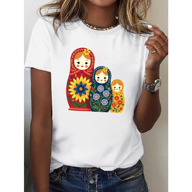 Women's Russian Matryoshka Folk Floral Print T-Shirt Casual Crew Neck Short Sleeve Top