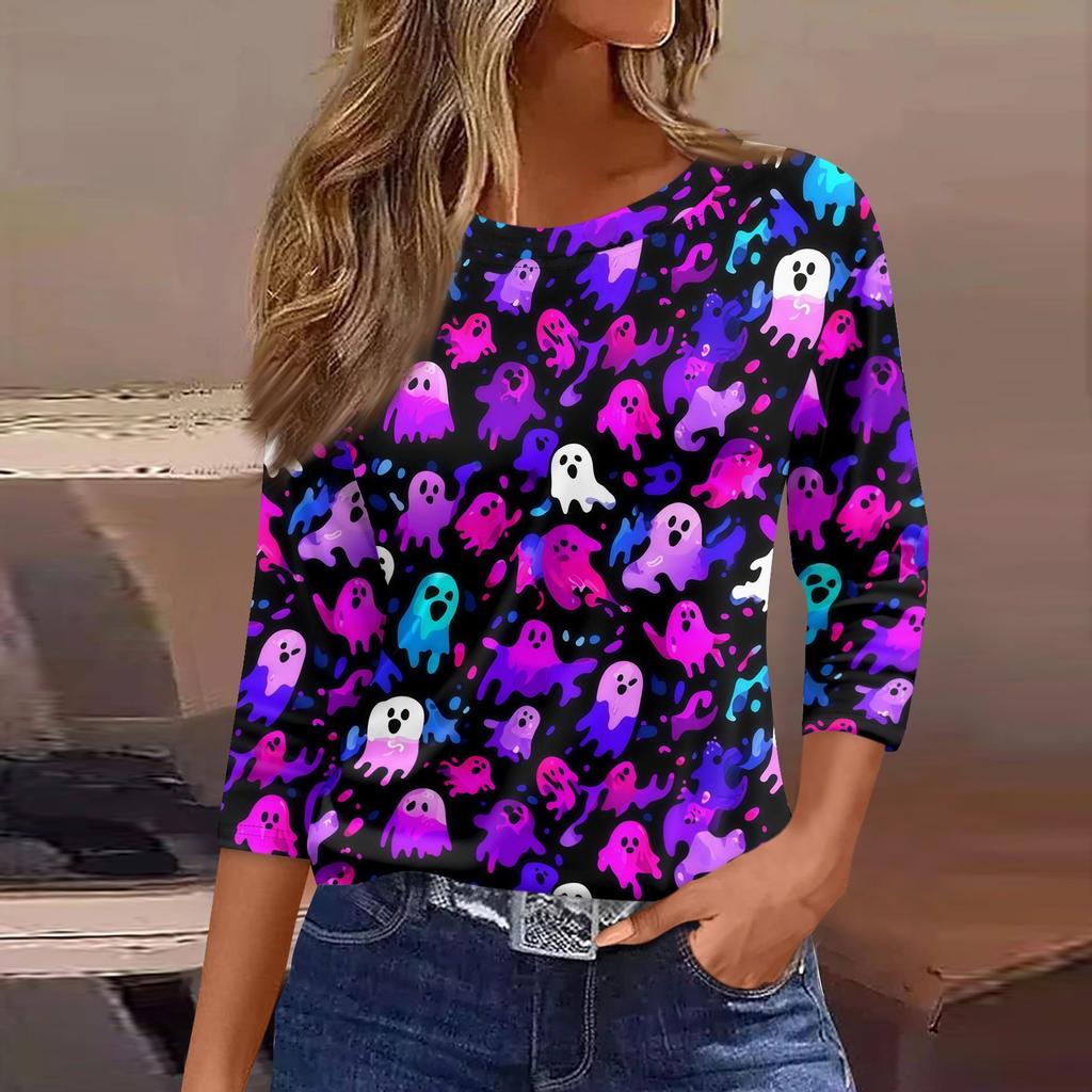 Women 3/4 Sleeve Casual Loose Fit Shirt Round Neck Halloween Pumpkin Print T-Shirt Top for Everyday Wear