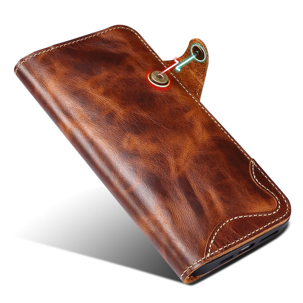 Wallet Phone Shell for iPhone 14 Pro Case Waxy Genuine Cow Leather Cover with Card Slot