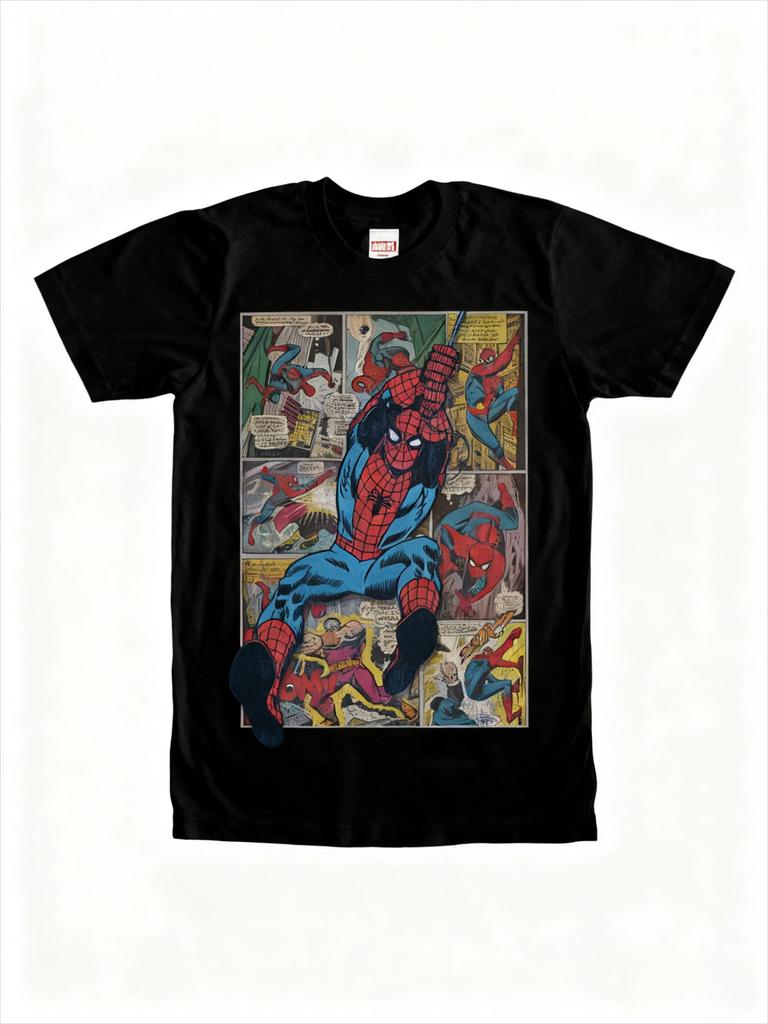 Oversized Short-Sleeve T-Shirt Featuring a Vintage Marvel Spider-Man Comic Book Panel Collage with a 3D-Style Overlay of Spider-Man Swinging